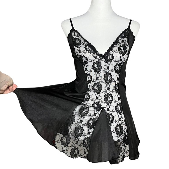 80s 90s Vintage Black Faux Teddy Sheer Lace Slip Dress. Small. Gothic Whimsigoth - Picture 6 of 9
